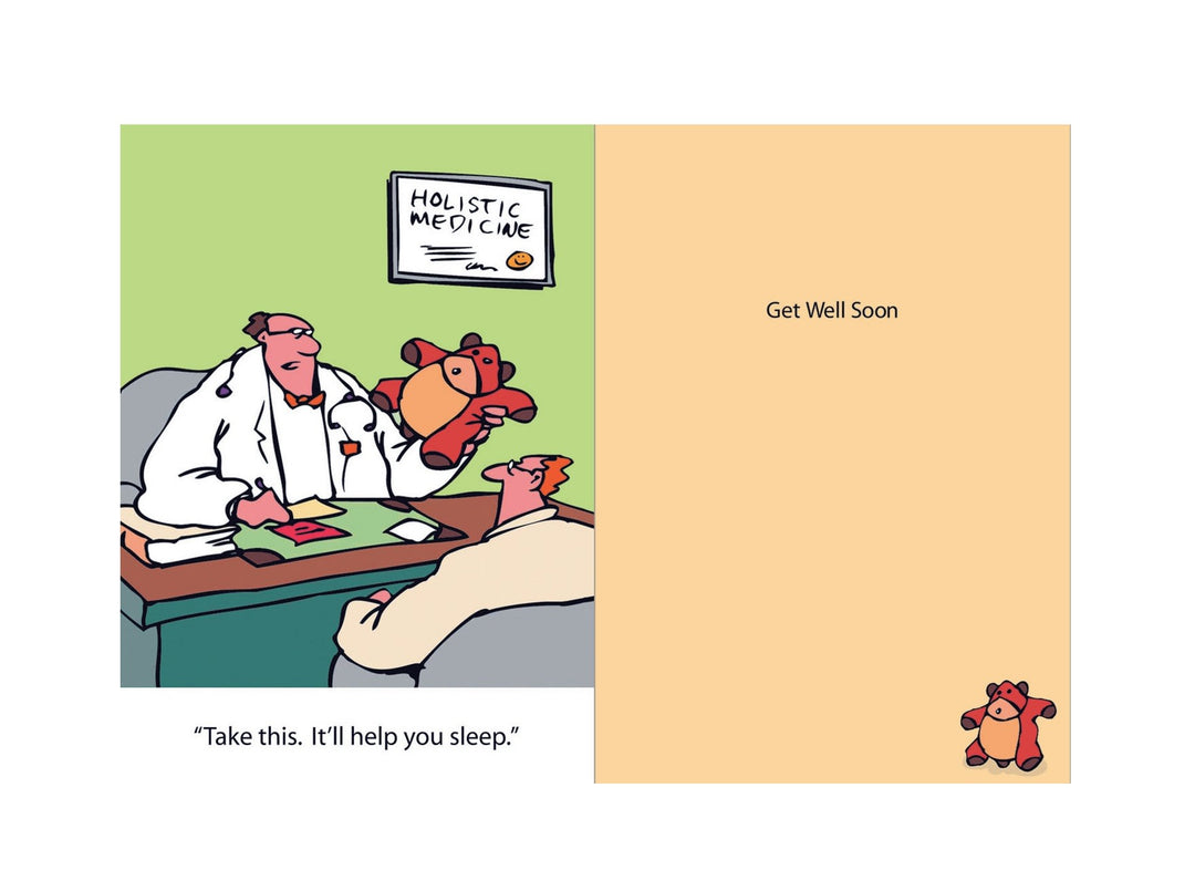 A cartoon of a doctor giving a teddy bear to a patient, with text "Holistic Medicine" and "Get Well Soon".