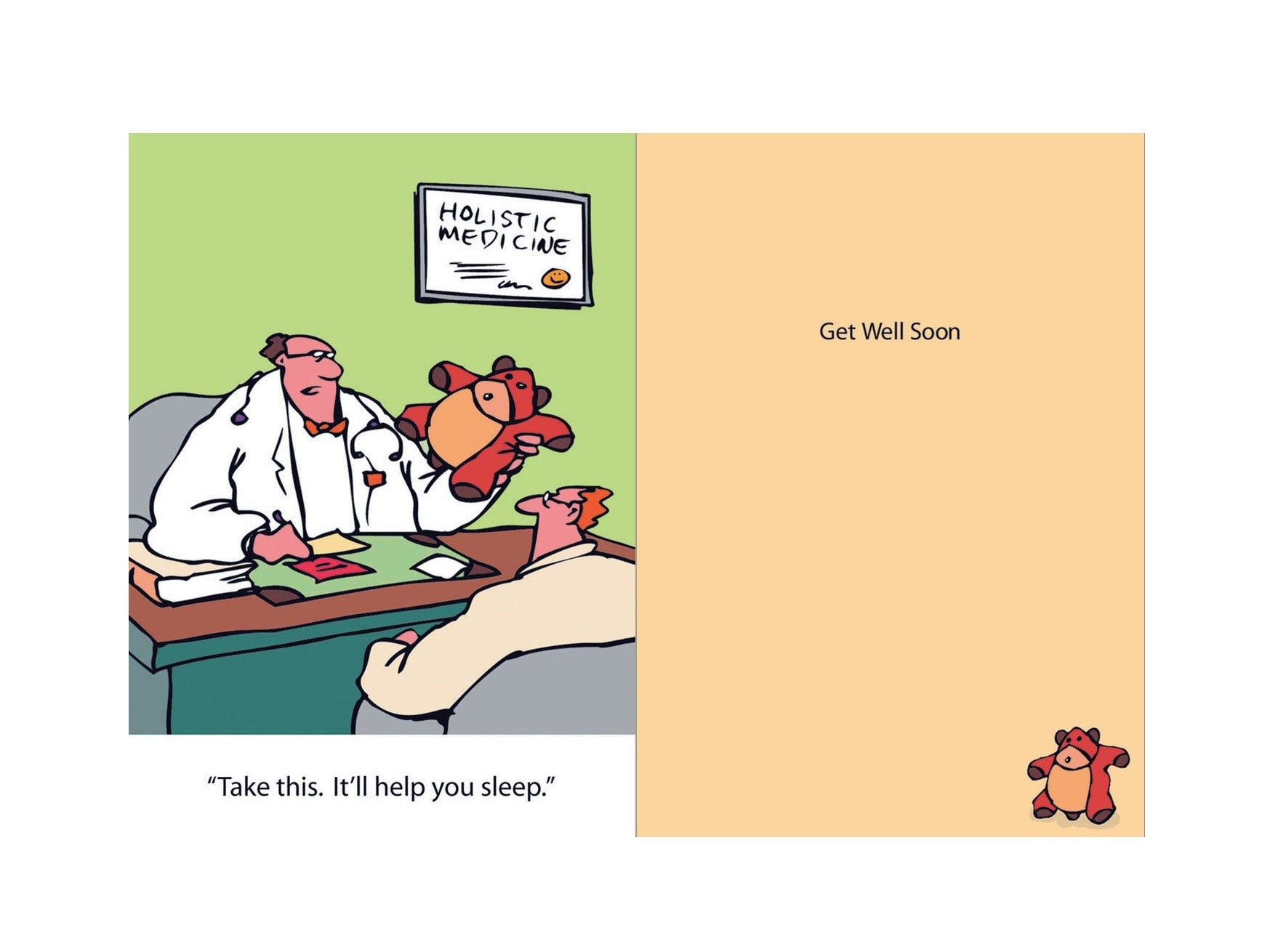 A cartoon of a doctor giving a teddy bear to a patient, with text "Holistic Medicine" and "Get Well Soon".