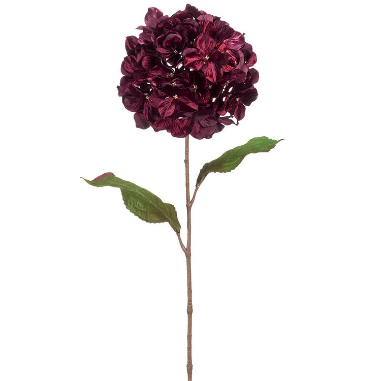 29-inch burgundy shimmer velvet hydrangea spray with a long brown stem and two green leaves.