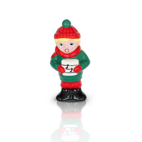 Mini Fa-la-la caroler figurine with red hat and green scarf.
