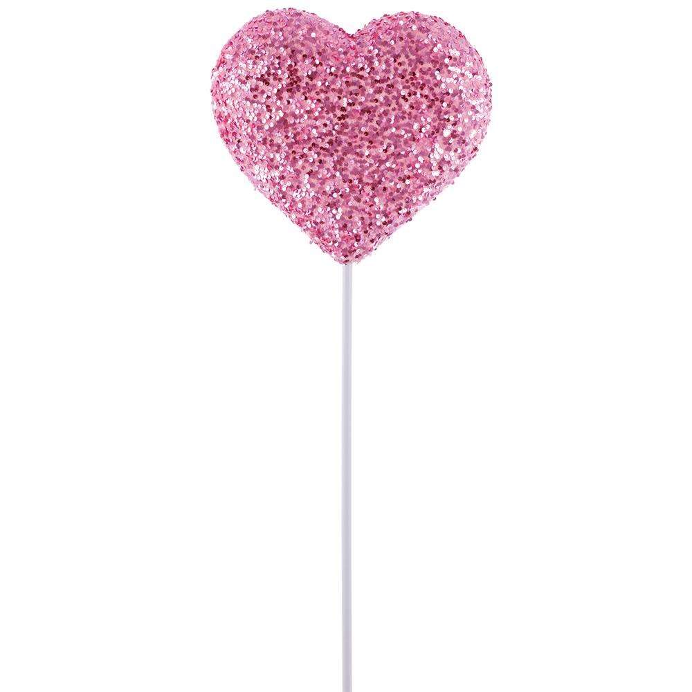 34-inch heart-shaped pick with silver sequin material on a black background.