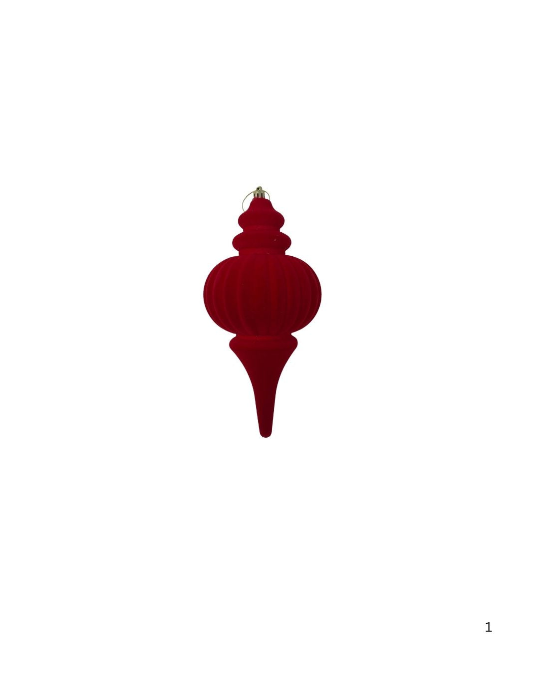 Red plastic flocked finial Christmas ornament with a ribbed center and pointed base.