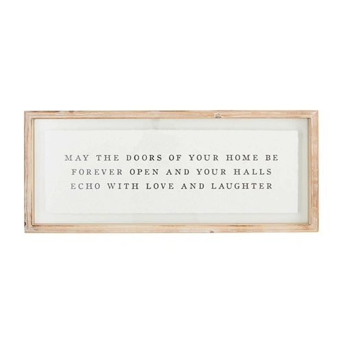 Glass plaque featuring the phrase May The Doors From Glass in a modern sans-serif font on a clear background.