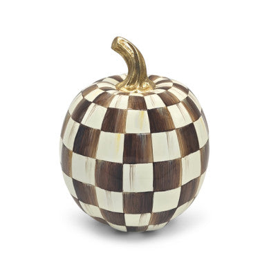 Small chocolate checkered pumpkin with a subtle striped texture.