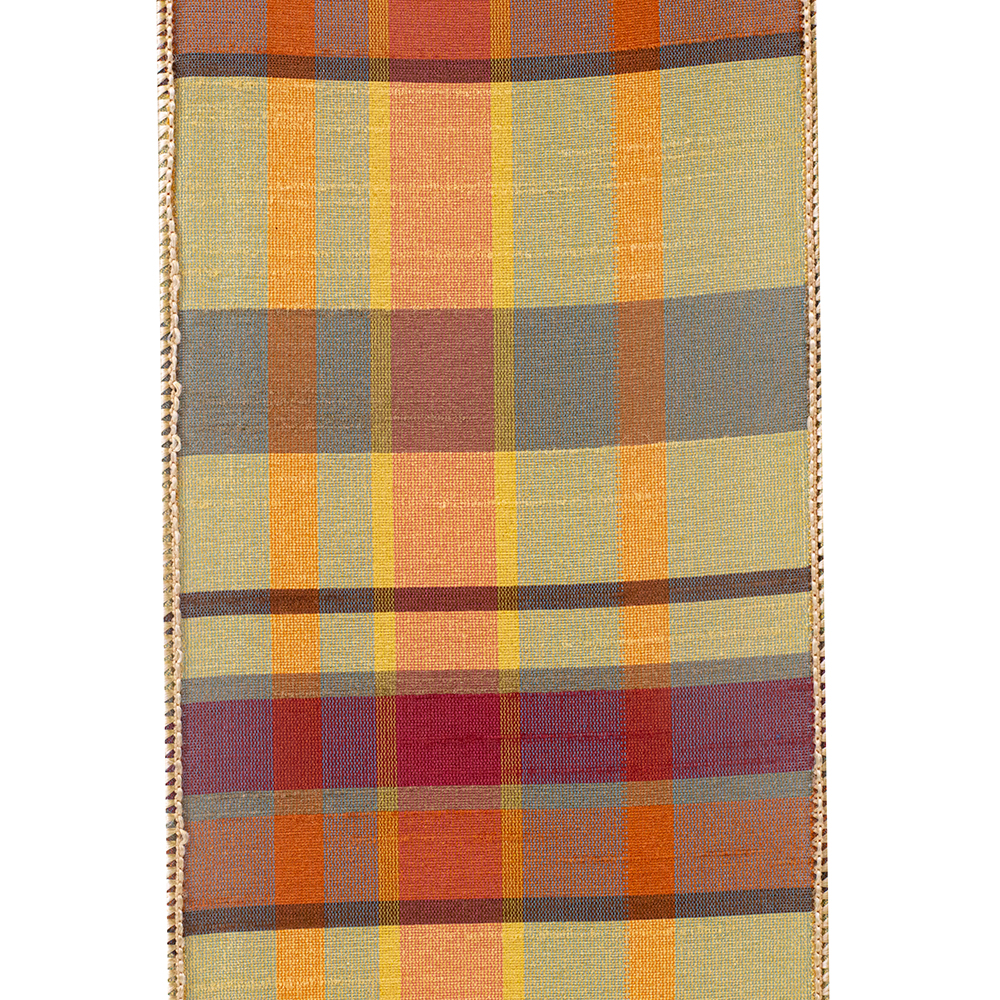 Plaid Barry Tierra Dupioni wired edge ribbon in tan, orange, and red woven textured fabric.