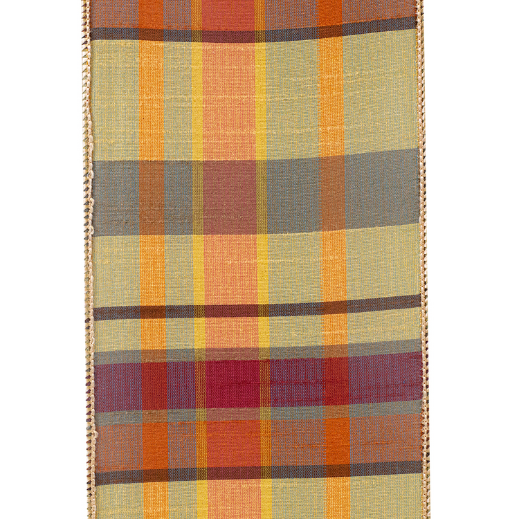 Plaid Barry Tierra Dupioni wired edge ribbon in tan, orange, and red woven textured fabric.