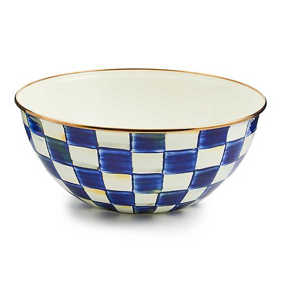 Large Royal Check Enamel Everyday Bowl with blue and white hand-painted checks and a bronzed rim.