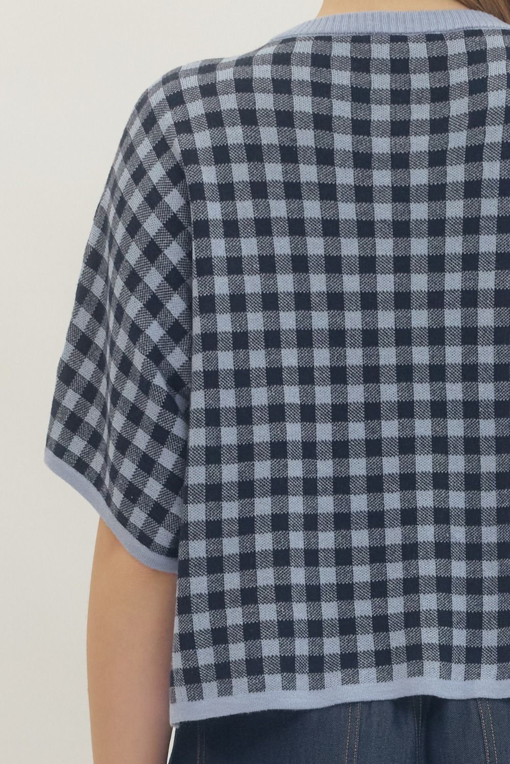 Eleanor gingham short sleeve cropped knit top with contrast rib trim in light blue and white.