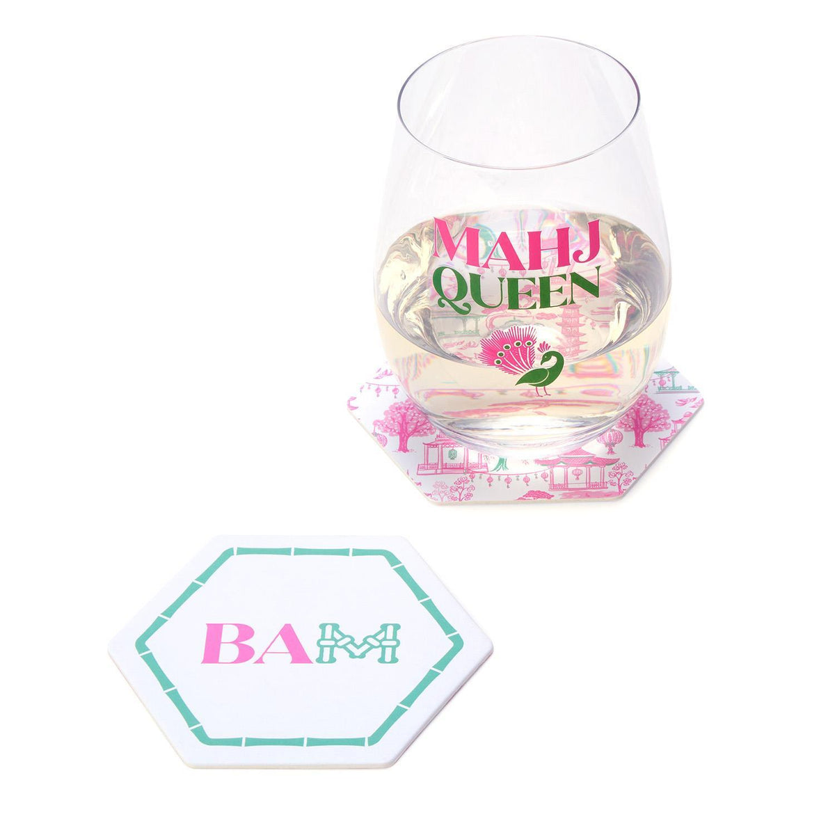 Two hexagonal paper coasters featuring Mahjong-themed designs with a wine glass on one.