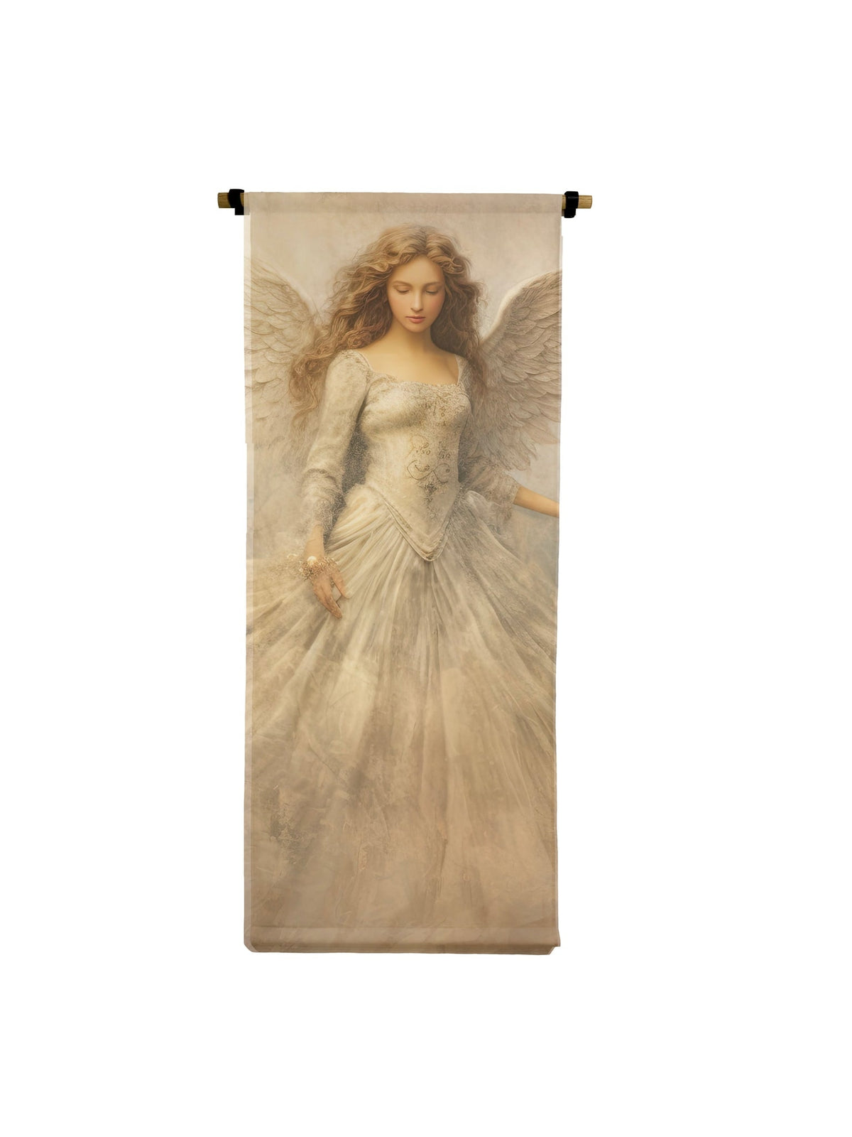 Vertical canvas scroll featuring a serene angel with wings in a flowing white gown.