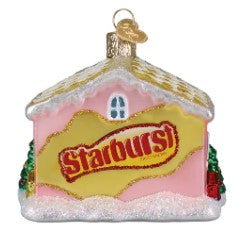 Pink and gold Starburst Cottage glass Christmas ornament with glitter accents.
