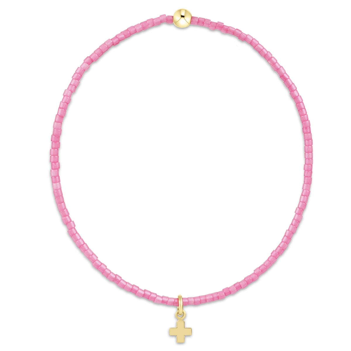 Pink seed bead bracelet with a 14kt gold-filled signature cross charm and a gold bead.