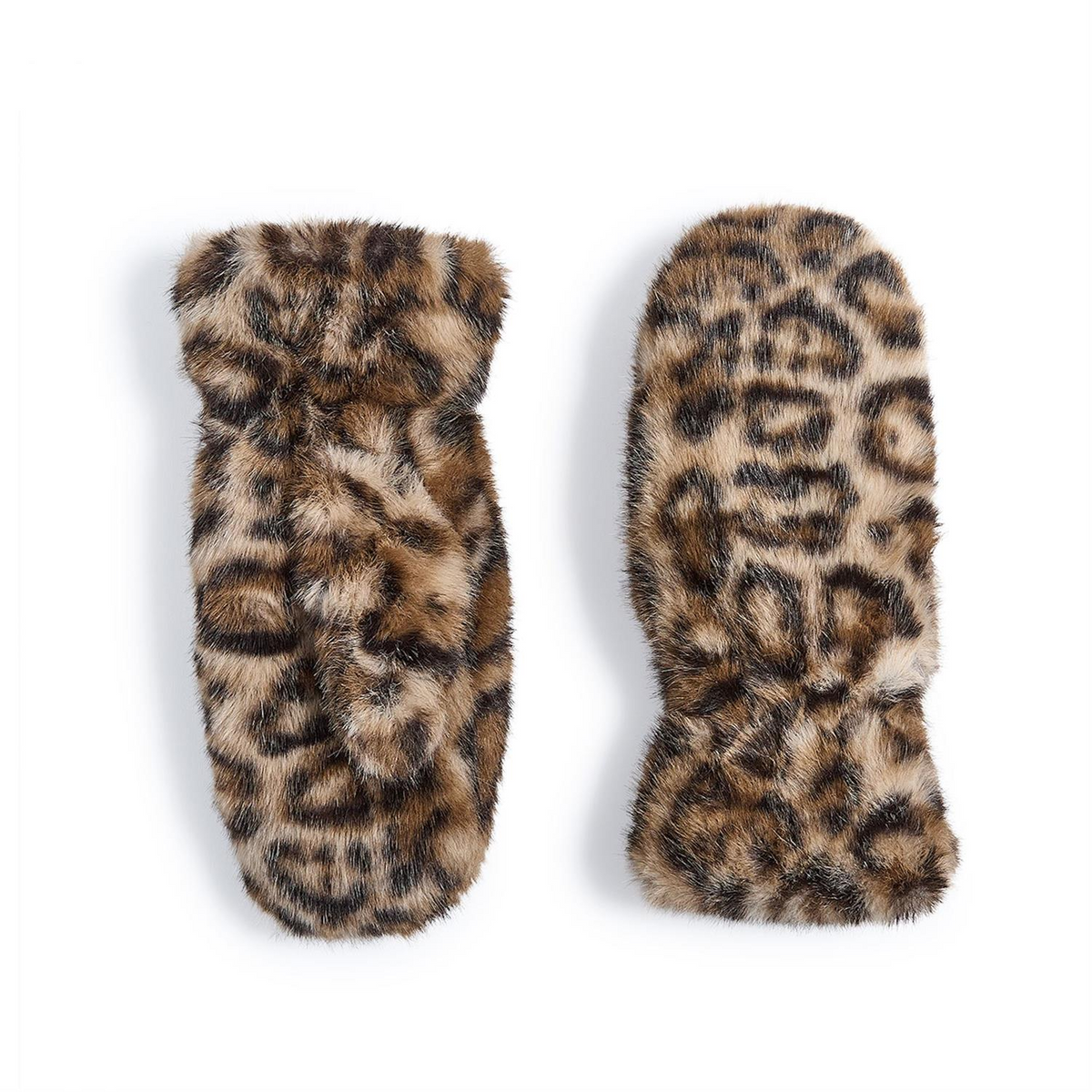 A pair of leopard print faux fur mittens in brown and black on a white background.