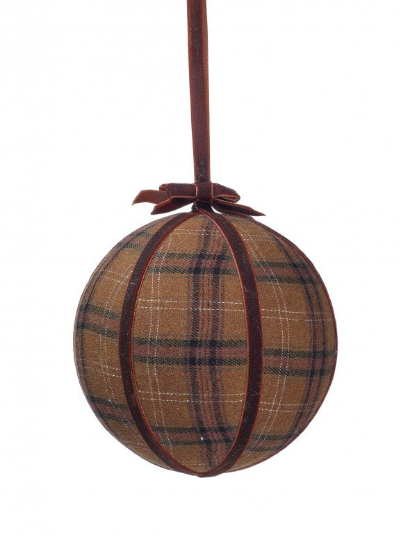 6-inch brown plaid velvet ball ornament with a matching velvet ribbon and bow.