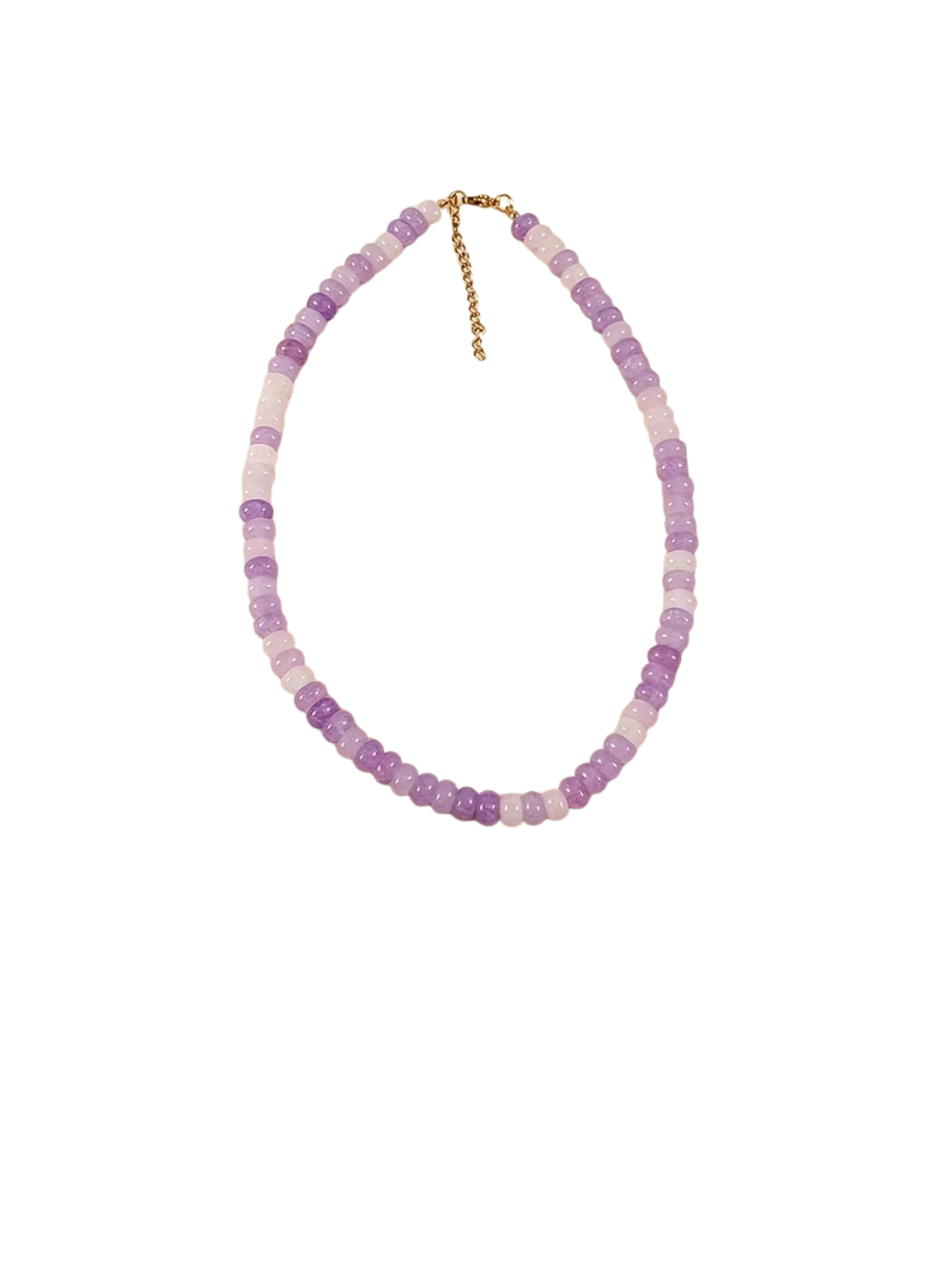 Glass beaded necklace with light and dark purple beads and a gold-toned adjustable chain clasp.