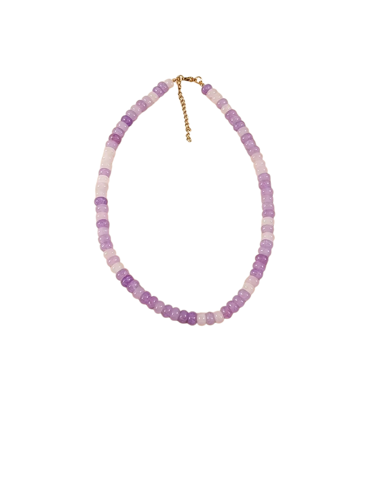 Glass beaded necklace with light and dark purple beads and a gold-toned adjustable chain clasp.