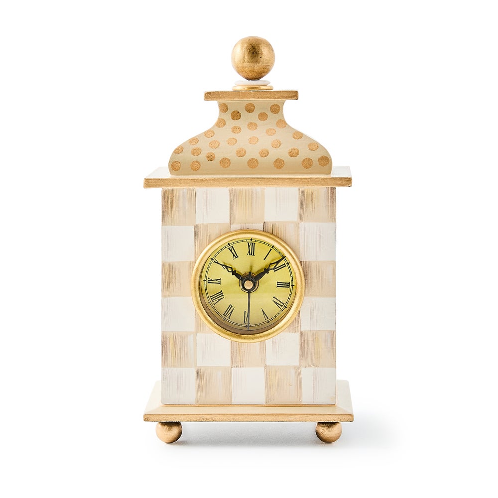 Hand-painted mocha wood desk clock with brass accents in a rectangular silhouette.