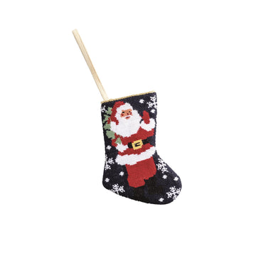 Mini needlepoint stocking with canvas backing in red featuring a classic pattern.
