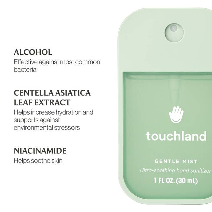 Bottle of Lily of the Valley Gentle Mist hand sanitizer in a clear glass container with white liquid.
