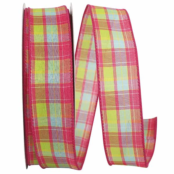 Pink wired-edge plaid fabric swatch with a bright check pattern.