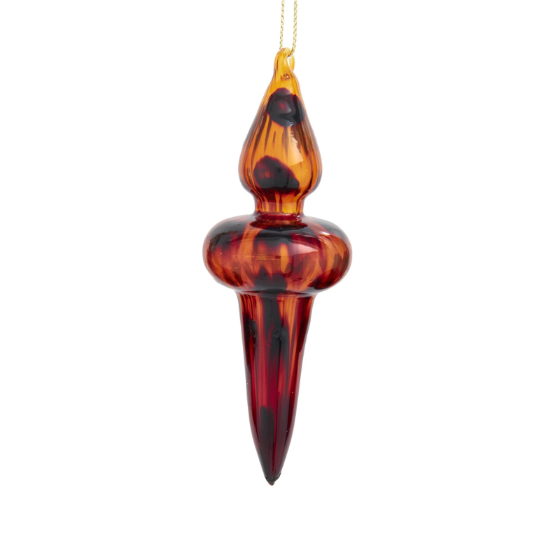 Glass tortoise shell finial ornament with rich amber and brown marbled finish.