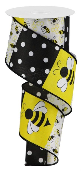 White ribbon with yellow and black bumblebee block pattern made of nylon polyester blend