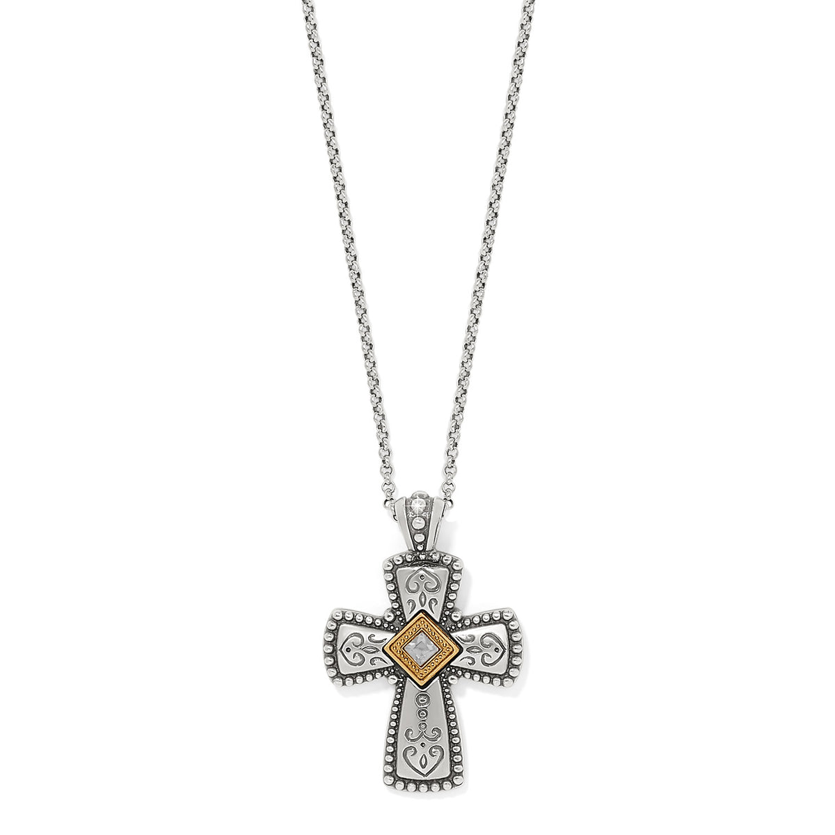 Covenant Cross Necklace with silver-gold pendant, intricate scrollwork, and a central crystal.