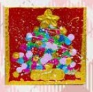 Twinkle Tree 24 x 48: A festive Christmas tree craft with colorful pom-poms and a gold star topper on a red background.