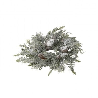 14-inch snowy pine and cedar candle ring with frosted greenery and pinecones.
