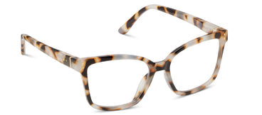 Octavia eyeglasses with gold-accented hinges on a shiny recycled polycarbonate frame