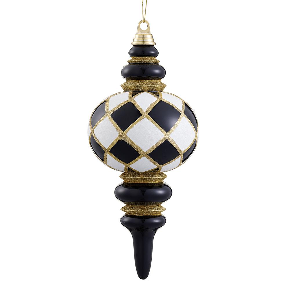13-inch black and white checkered finial ornament with gold glitter accents and a pointed base.