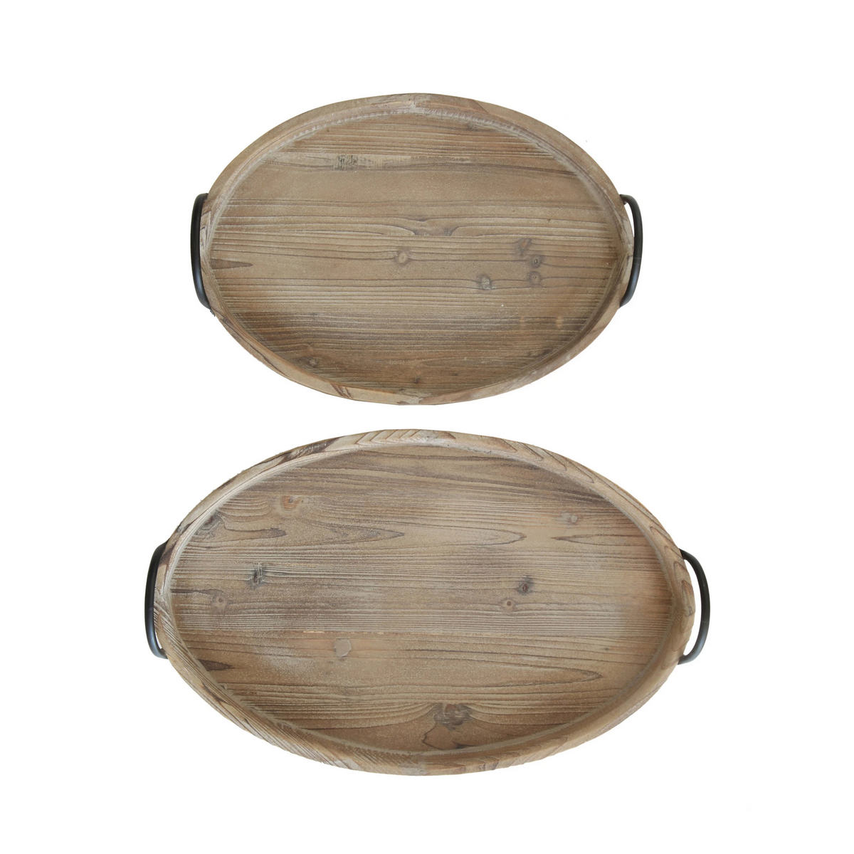 Wooden serving tray with metal handles