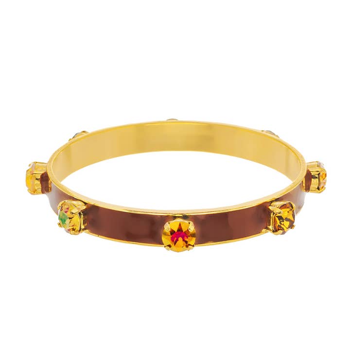 Antique gold-plated brass Sammy bangles with hand-painted enamel accents and sparkling crystals.