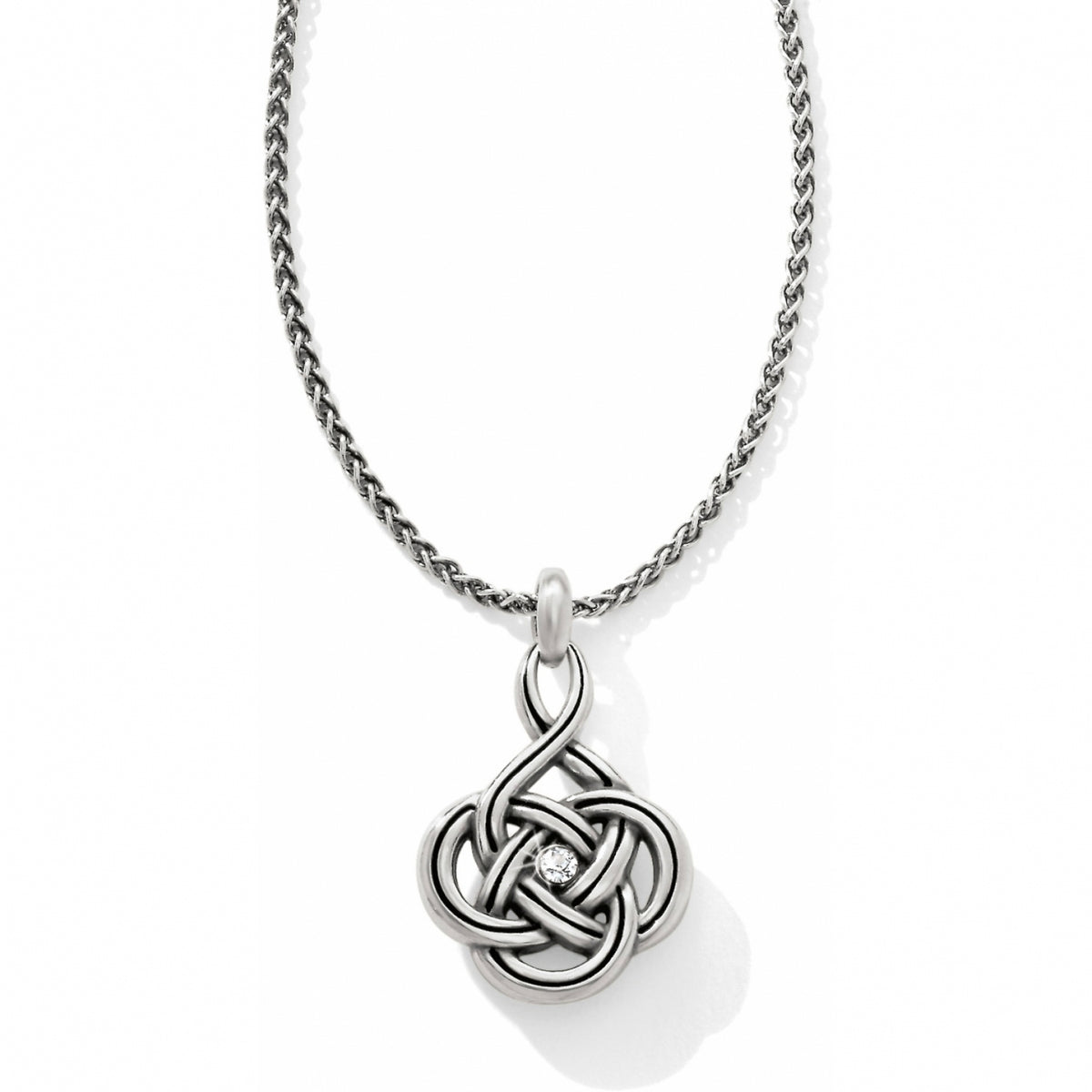 Silver plated necklace with interlocking Celtic knot pendant on a silver chain.