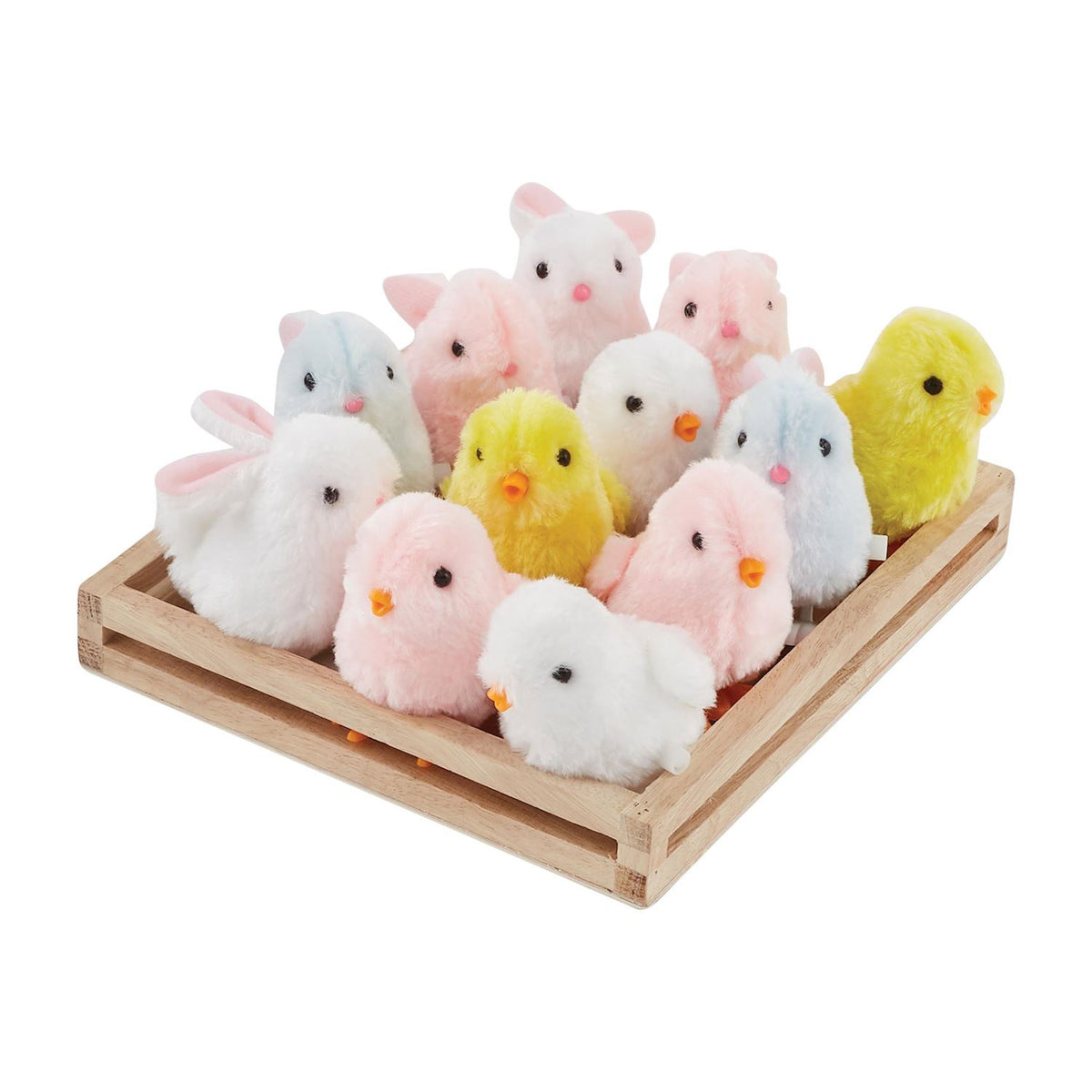 Wind Up Chicks And Bunnies toy in pastel colors with a spring mechanism and cartoon animal figures.