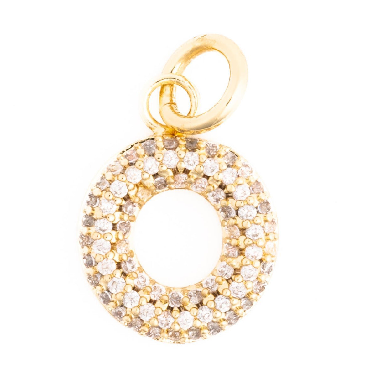 Gold circular charm pavé-set with small white crystals, featuring a top bail for a necklace.