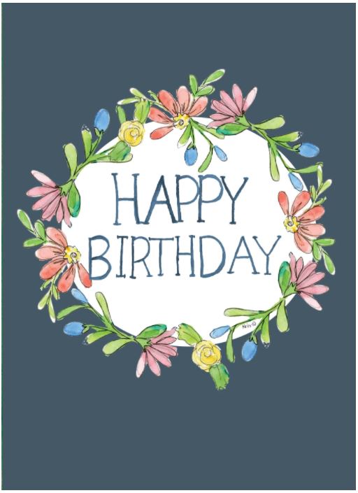 Navy blue A6 birthday card featuring a wreath design with white text inside.