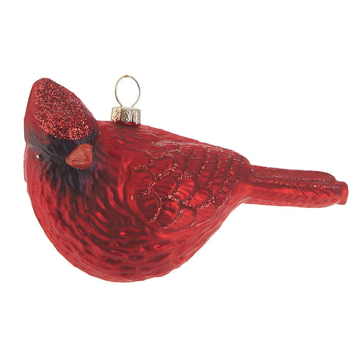 Deep ruby red glass cardinal ornament with glitter accents