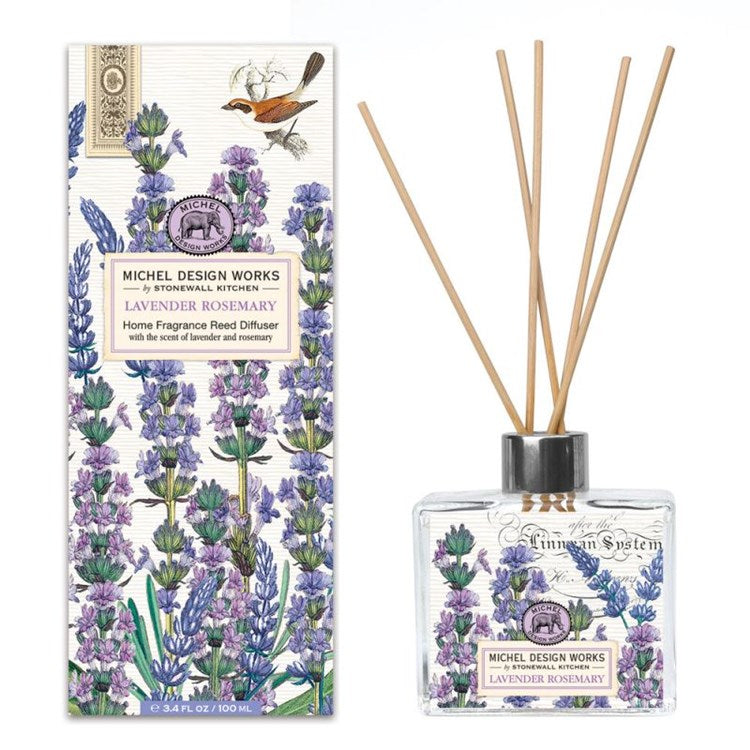 Michel Design Works Lavender Rosemary Home Fragrance Reed Diffuser with decorative box and bottle.