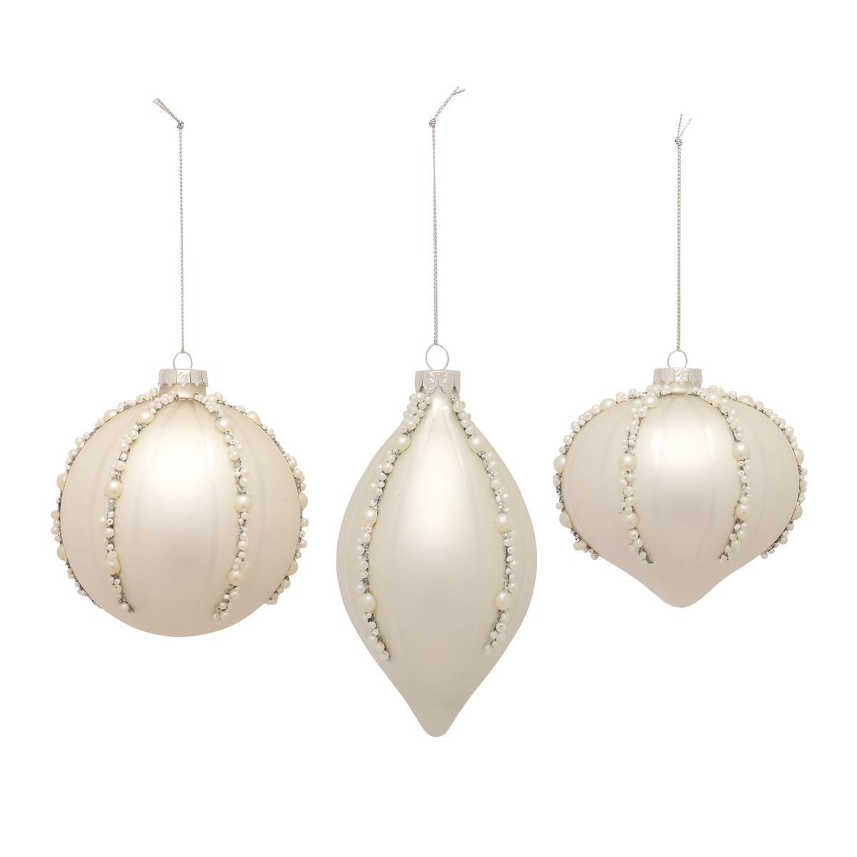 Set of three cream glass ornaments in round, teardrop, and onion shapes with pearl bead accents.