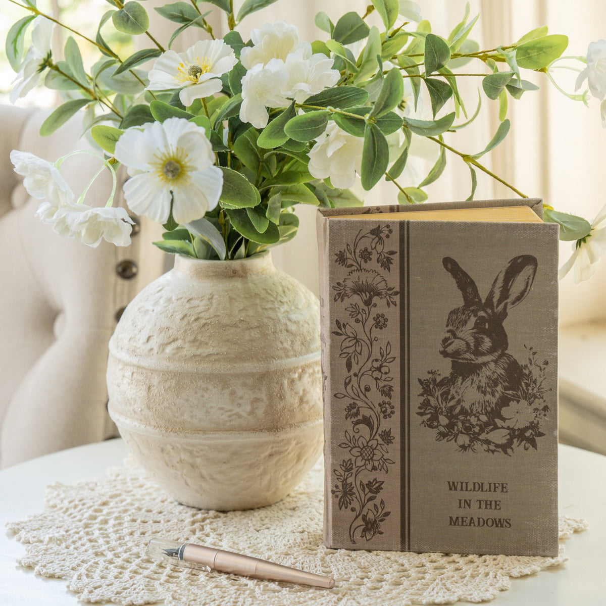 8.5-inch Wildlife in the Meadows journal with wood cover featuring meadow scene illustration