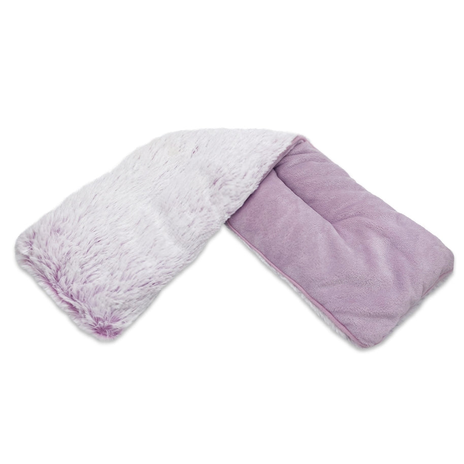 Warmies Neck Wrap in soft lavender fabric with a rectangular shape designed for microwave heating and freezer cooling.