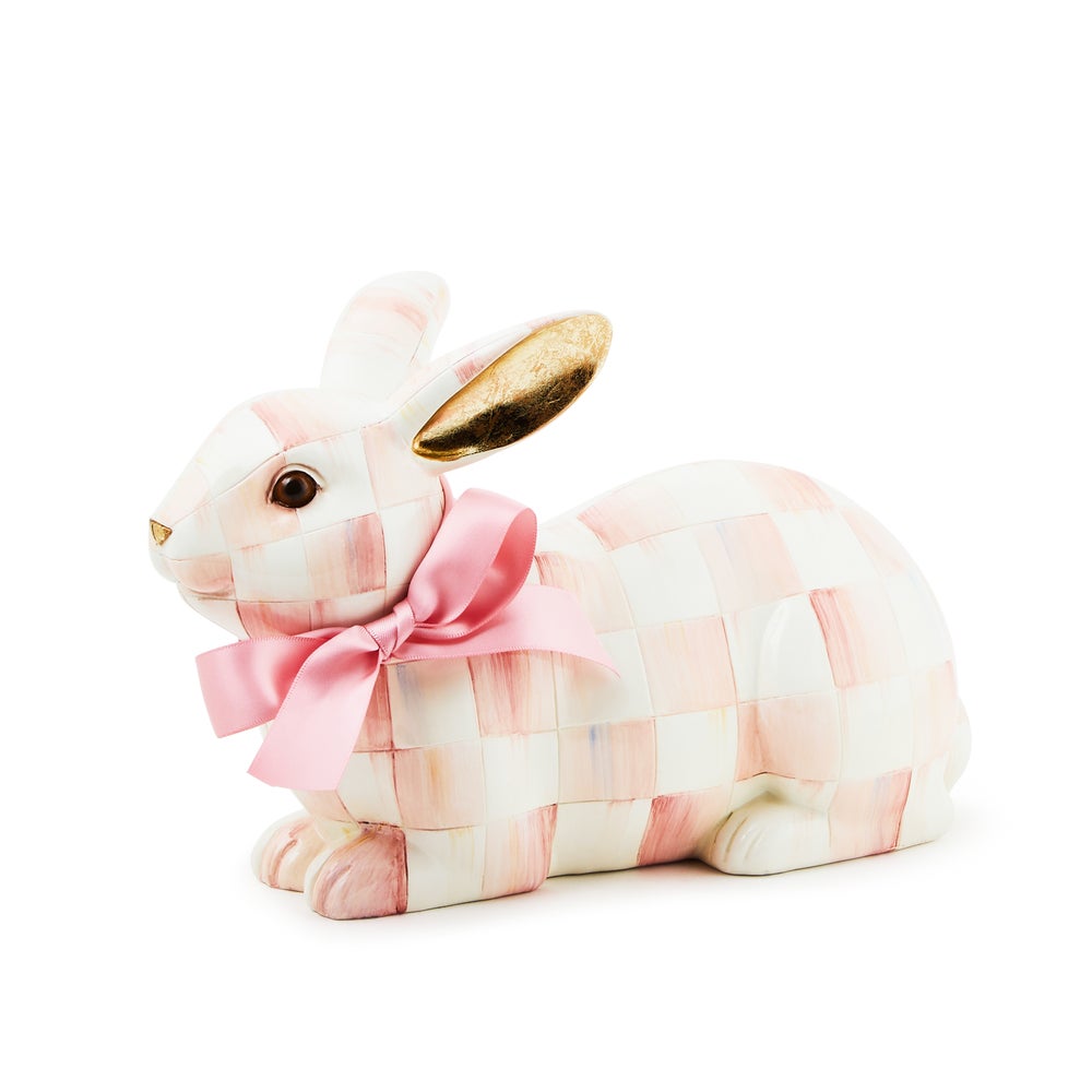 Rosy Check Resting Bunny figurine with pink and white checkered pattern and a pink ribbon bow.