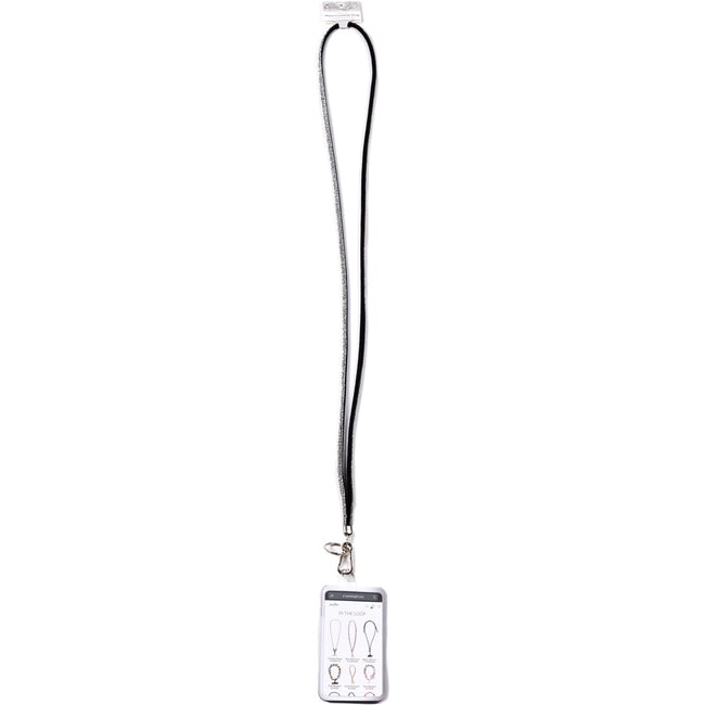White gemmed crossbody phone lanyard with a silver metal clasp and a Pavilion-branded phone tab.