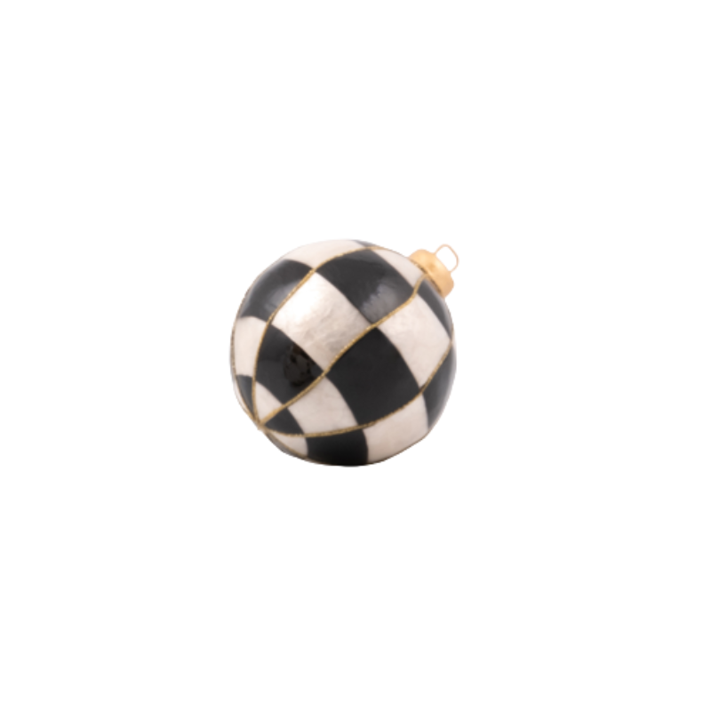 Black and white checkered Courtly Capiz tabletop ornament ball with gold accents.