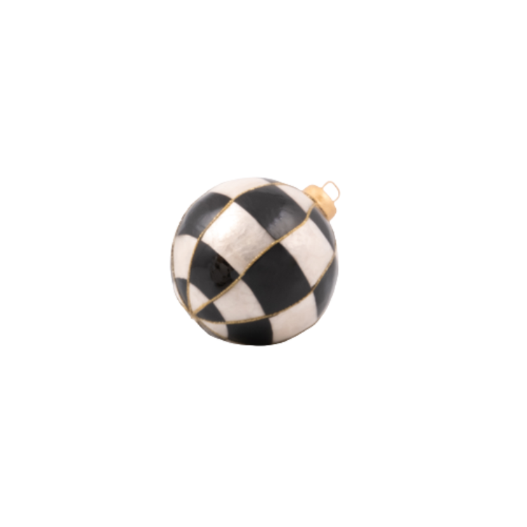 Black and white checkered Courtly Capiz tabletop ornament ball with gold accents.