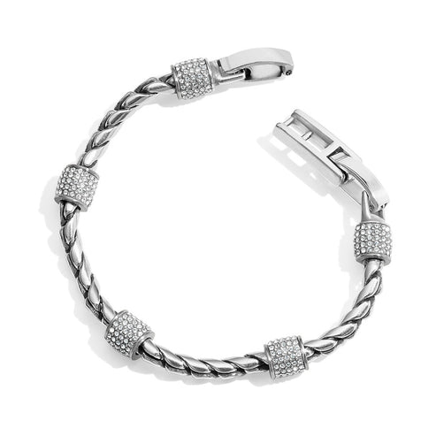 Silver plated adjustable bracelet with crystal stations on a fold-over clasp.