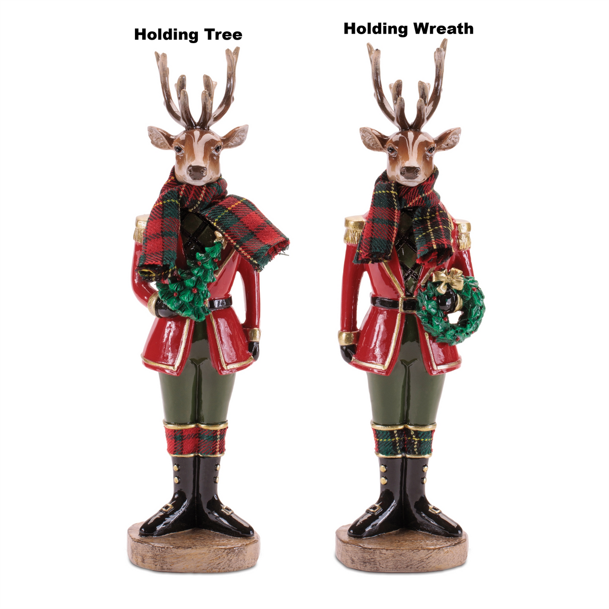 Two 10.75-inch deer soldier figurines in red coats, one holding a tree and one holding a wreath.