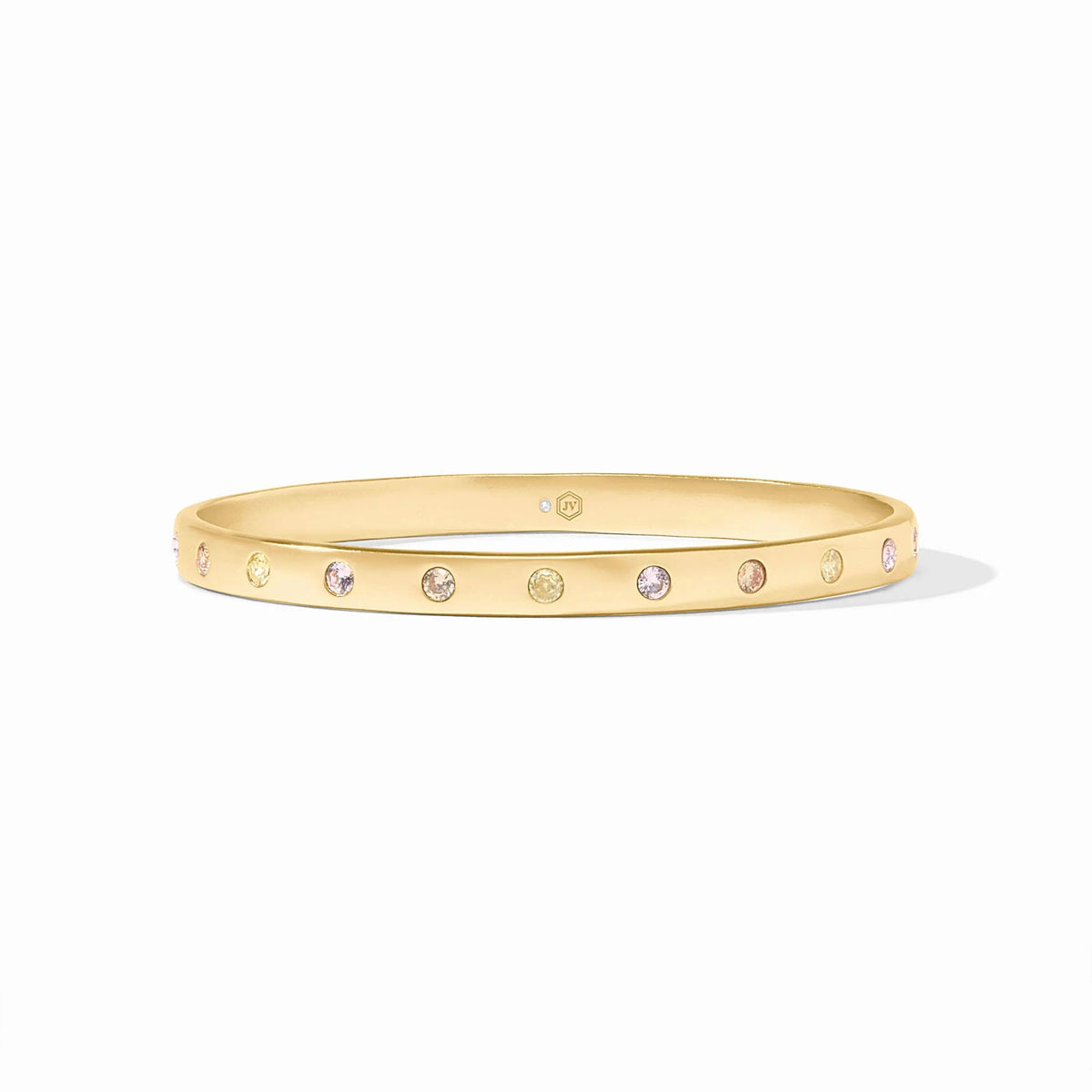 Gold-plated Rainbow Bangle featuring multi-colored cubic zirconia stones set in a thin band.