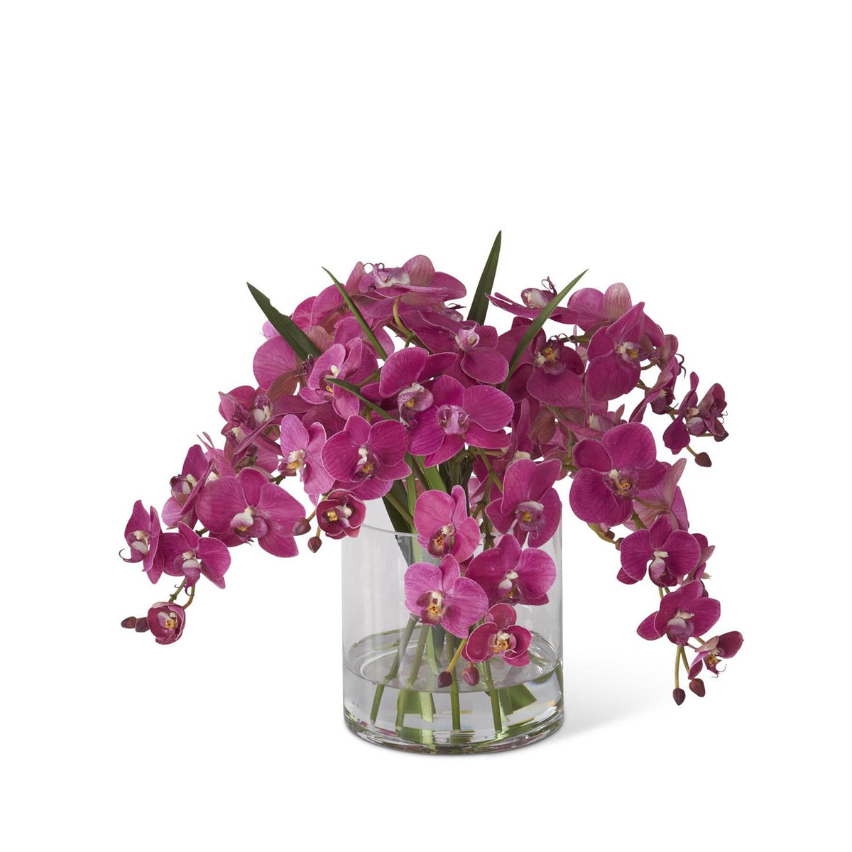 Glass vase holding a white orchid arrangement with faux water filler